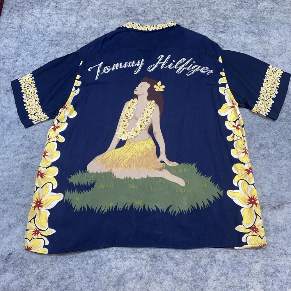 Vintage TOMMY HILFIGER Camp Shirt Size XL Navy Blue Hawaiian Hula Girl Lei Rayon